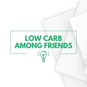 Low Carb Among Friends logo with a green light bulb icon on a white background with layered paper textures.