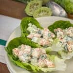 Plate of shrimp salad served in lettuce featured image