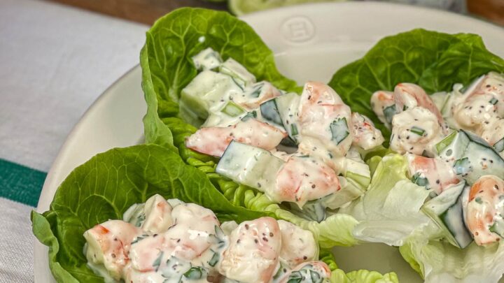 Plate of shrimp salad served in lettuce featured image