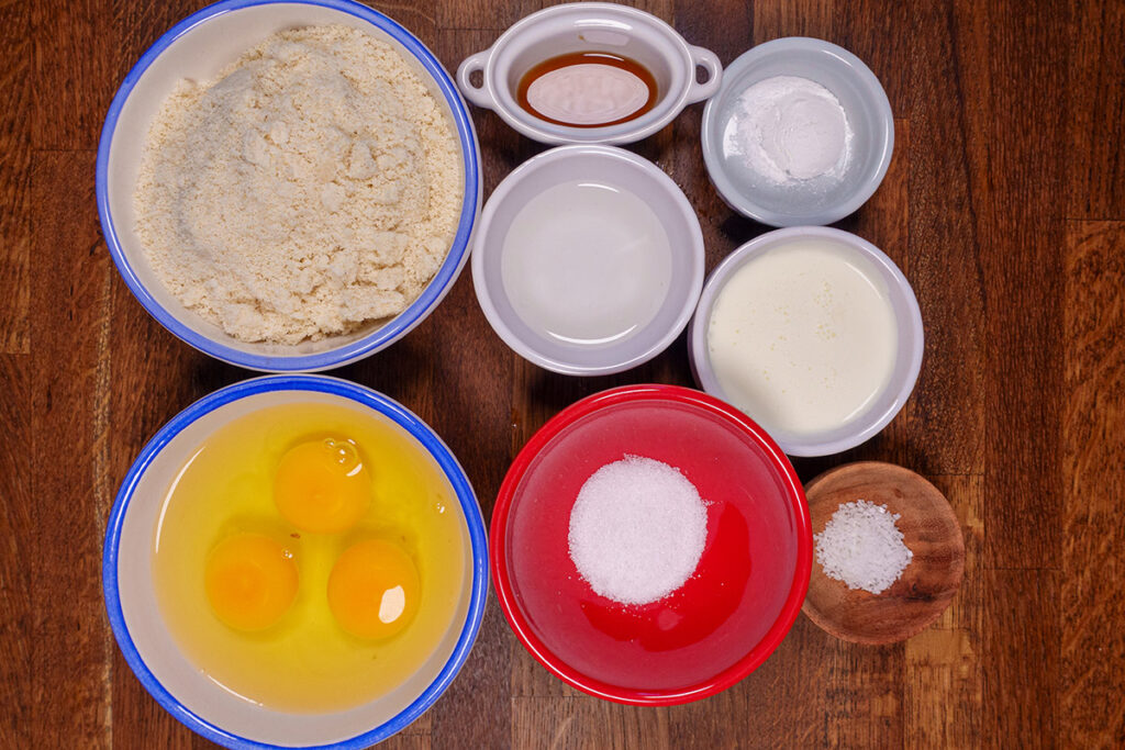 Bowls of ingredients for keto pancakes