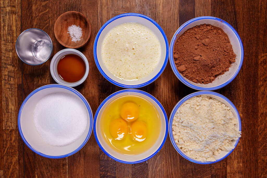 Bowls of ingredients for ketogenic brownies