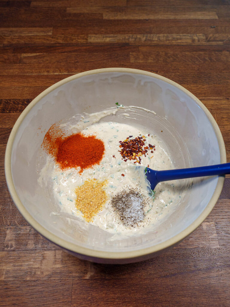 Ingredients for low carb remoulade sauce being mixed