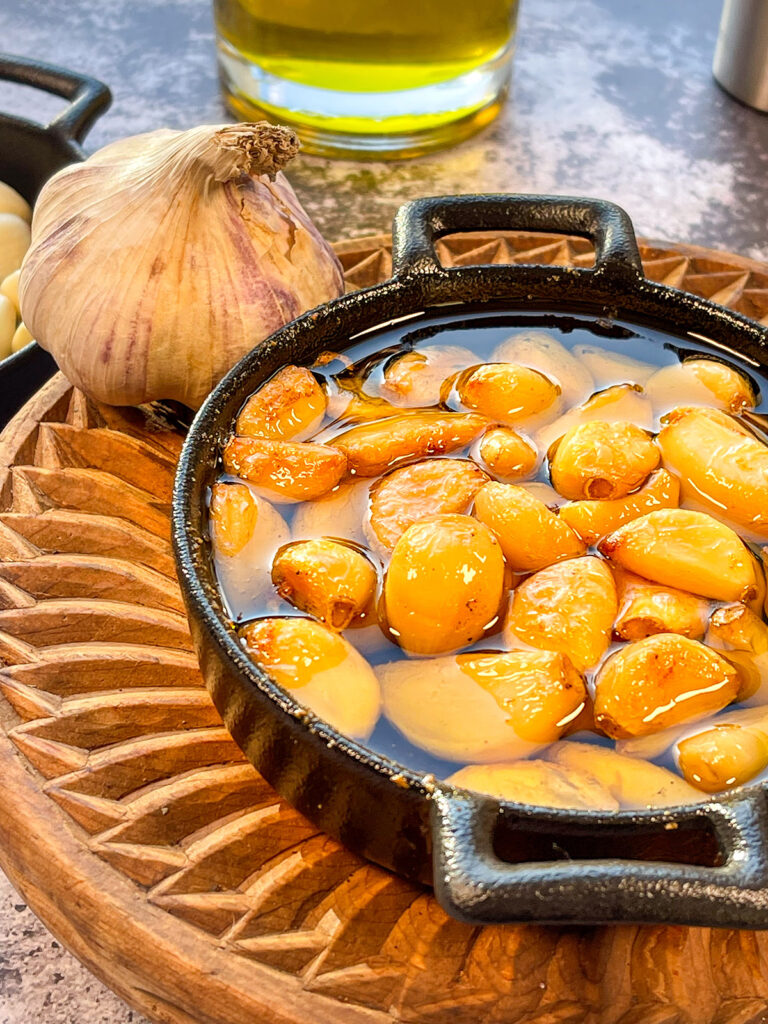 Low carb roasted garlic in a pan close up