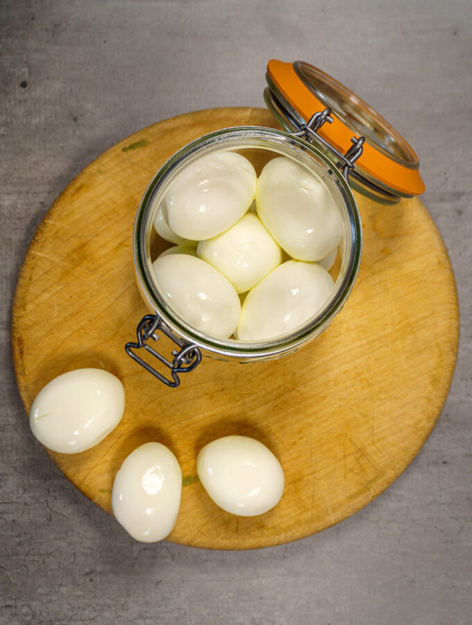 Step 5: Place the eggs inside a jar with tight fitting lid. Set the top layer of eggs aside.