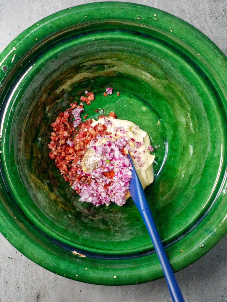 chopped-bakon-red-onion-and-mayo-in-a-bowl