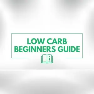 Low Carb Beginners Guide text with an open book icon, set against a clean, white background with soft, gradient shading.