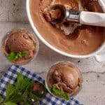 A top view of a bowl filled with scooped chocolate ice cream, with a metal ice cream scooper resting inside. Two glass bowls of chocolate ice cream garnished with fresh mint leaves are placed nearby on a checkered cloth, next to a sprig of fresh mint and two spoons.