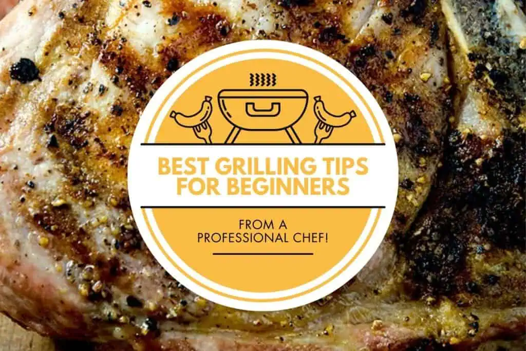 A horizontal image showcasing a juicy grilled, seasoned steak in the background. The circular white label in the center highlights the text "Best Grilling Tips for Beginners - From Professional Chef!" in yellow, with a small grill and sausage graphic.
