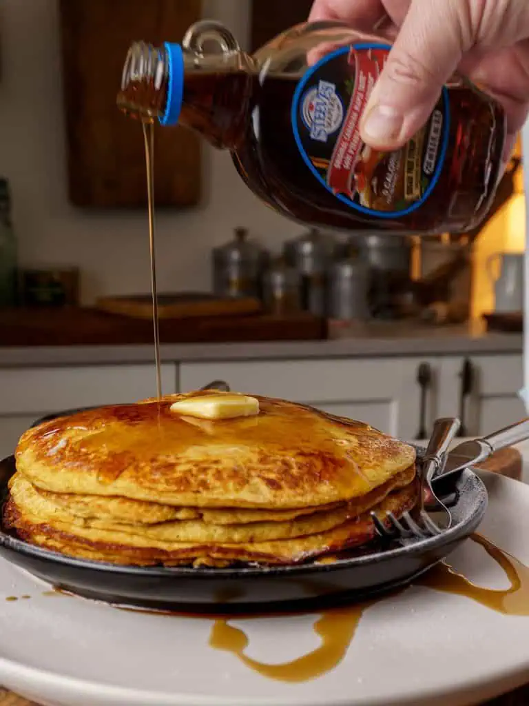 A stack of cream cheese pancakes topped with a melting pat of butter and drizzled with syrup.