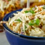Featured image showcasing a vibrant bowl of creamy coleslaw paired with a pulled pork sandwich topped with melted cheese and coleslaw.