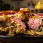 A plated serving of pork tenderloin medallions covered in mustard sauce, with a blurred background featuring a red checkered napkin.